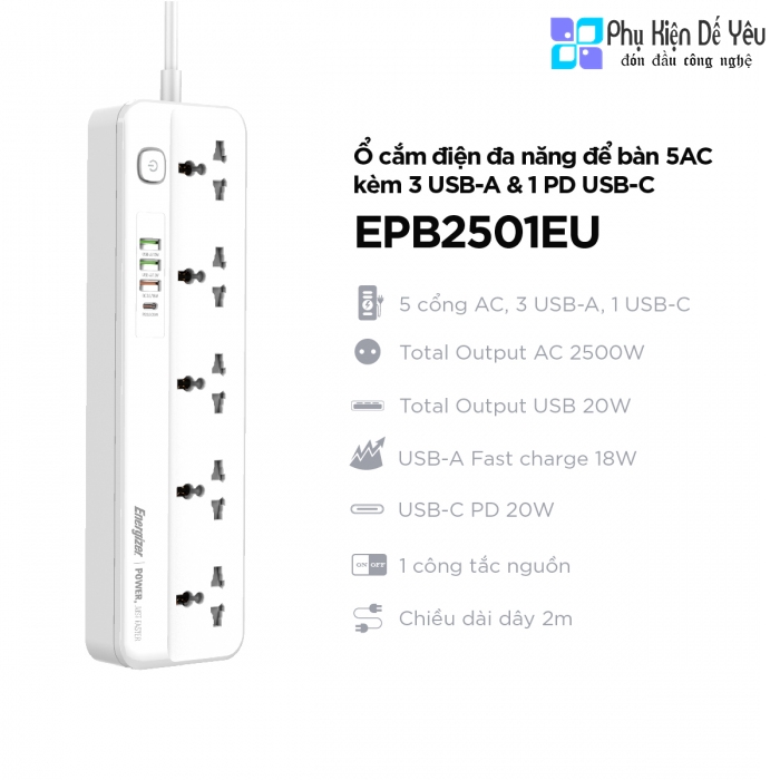 Ổ điện đa năng Energizer EPB2501EU (5AC, 3A, 1C)