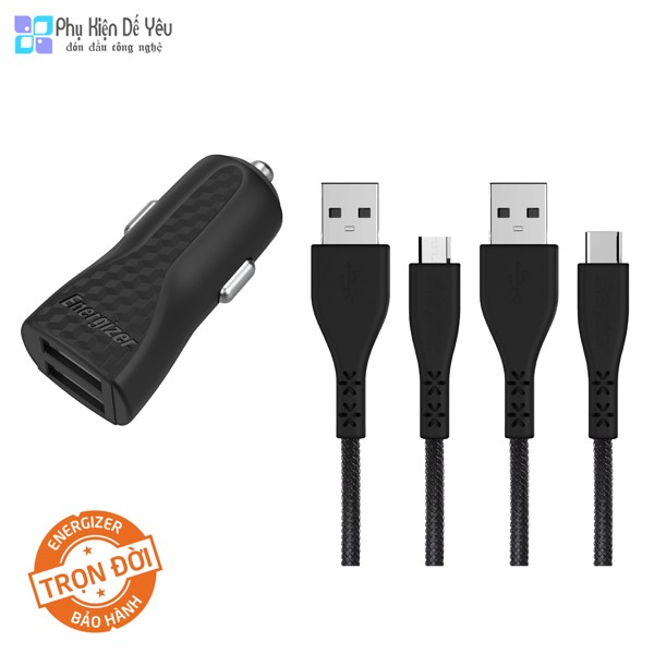 Sạc ô tô Energizer DC2BLCMM 2.4A + Cáp USB-C, Micro USB