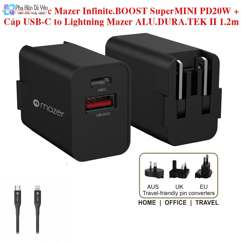 Combo (Sạc tường Mazer Infinite.BOOST SuperMINI PD20W + Cáp USB-C to Lightning Mazer ALU.DURA.TEK II 1.2m)