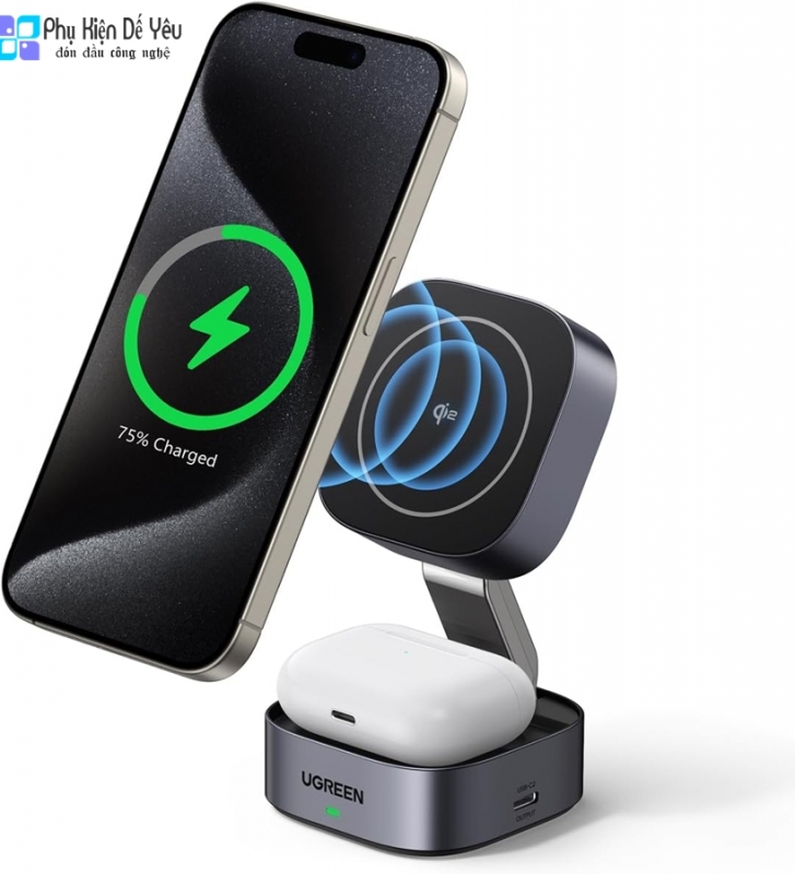 Bộ sạc không dây từ tính 2 trong 1 UGREEN W702 - 25W,  Chứng nhận Qi2 MPP, Sạc không dây 15W cho iPhone