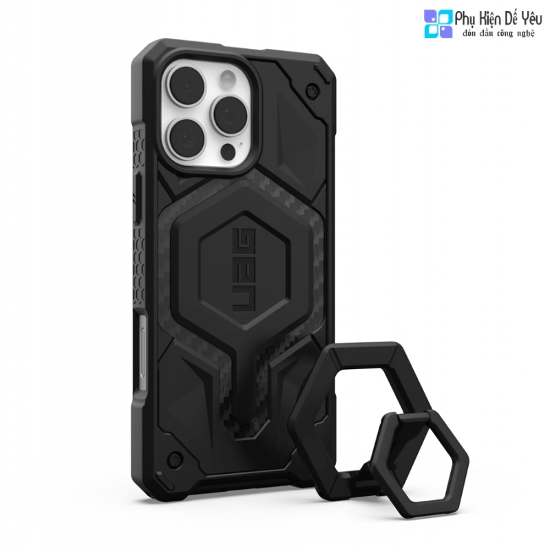 Ốp UAG Monarch Pro MagSafe Carbon Fiber và giá đỡ UAG Ring Stand cho iPhone 16 Pro Max