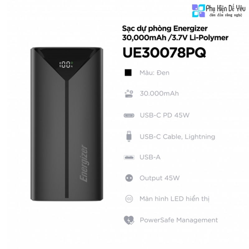 Pin dự phòng Energizer UE30078PQ (30.000mAh, 45W, Tích hợp cáp Lightning/ USB-C)