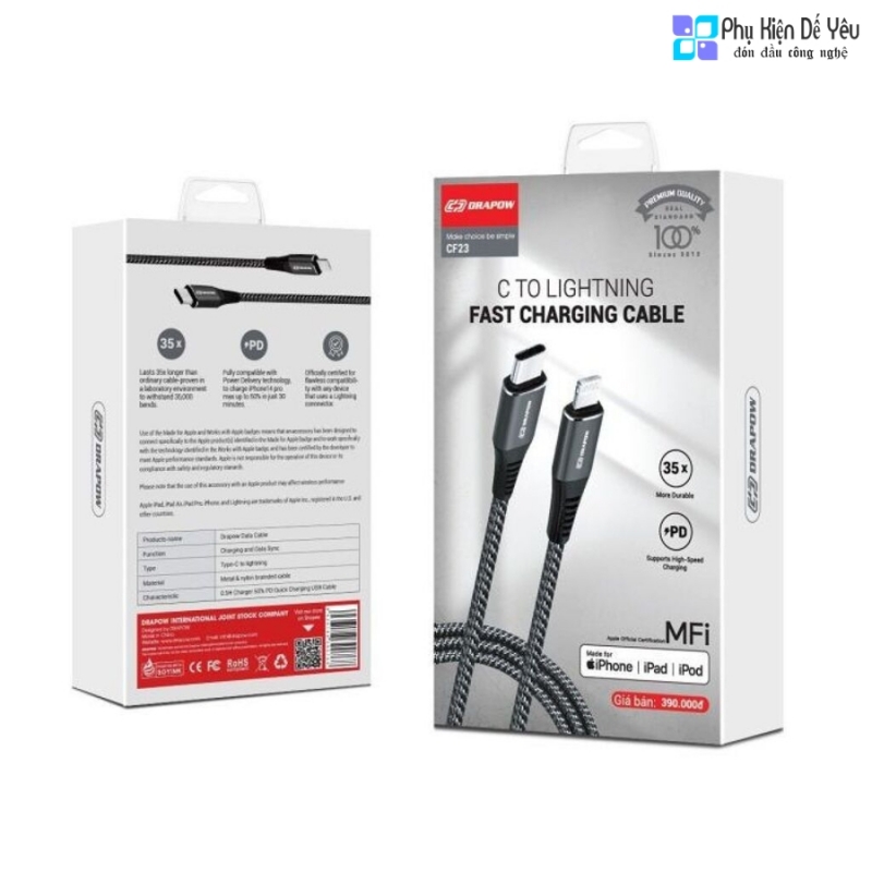 Cáp USB-C to Lightning DRAPOW CF23 dài 1m/ 2m/ 3m (MFi)
